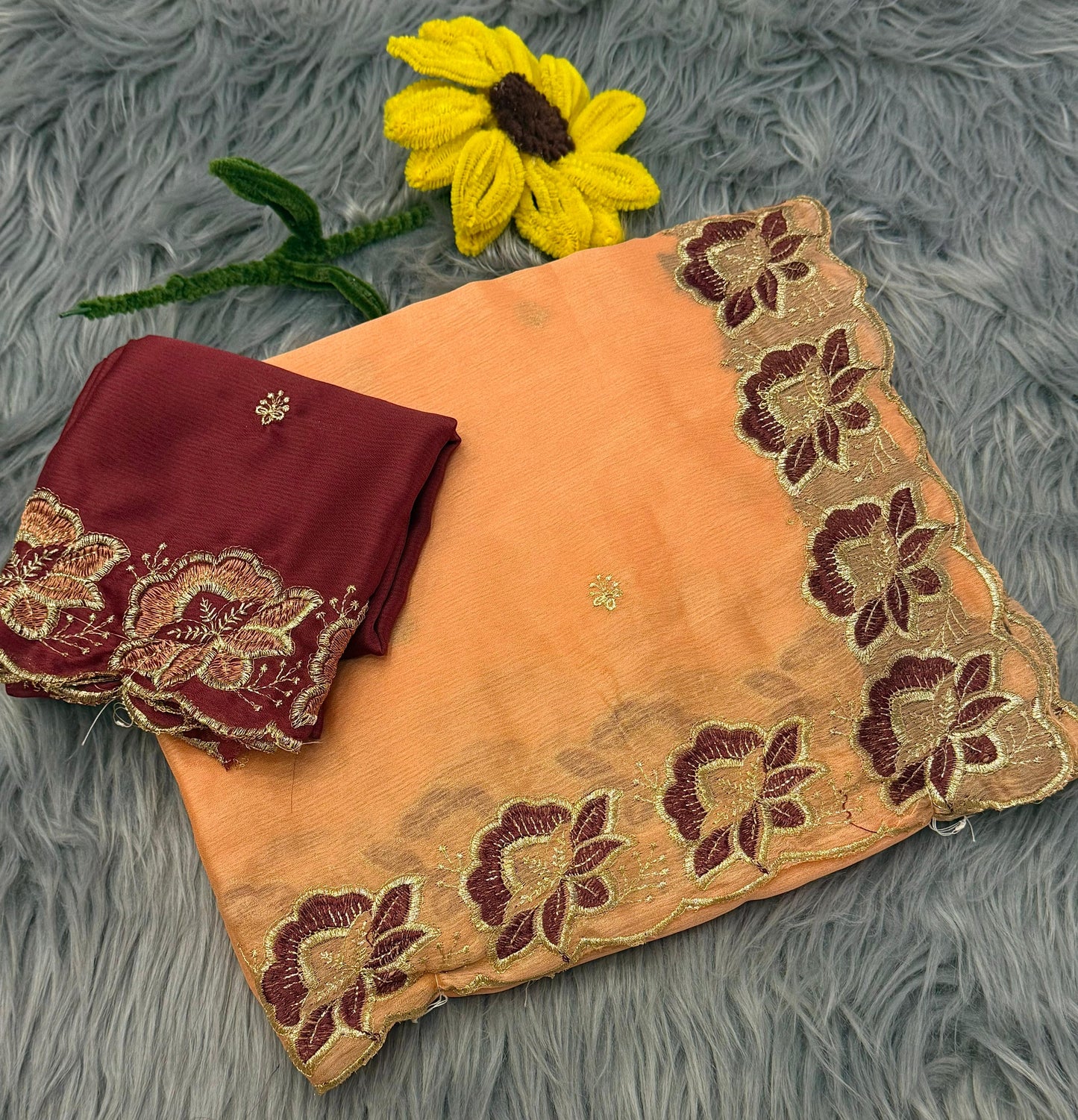 NN-2172 MOSS CHIFFON FABRIC SAREE WITH EMBROIDERY FLORAL DESIGN WITH CUTWORK WITH CONTRAST BLOUSE