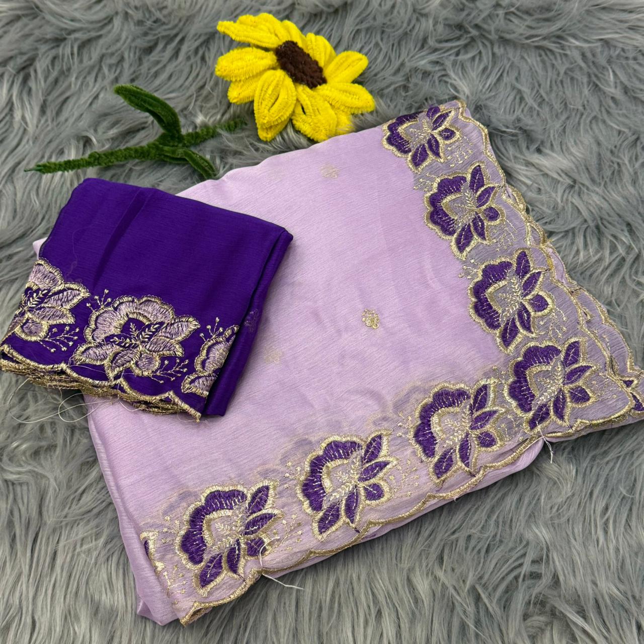 NN-2172 MOSS CHIFFON FABRIC SAREE WITH EMBROIDERY FLORAL DESIGN WITH CUTWORK WITH CONTRAST BLOUSE