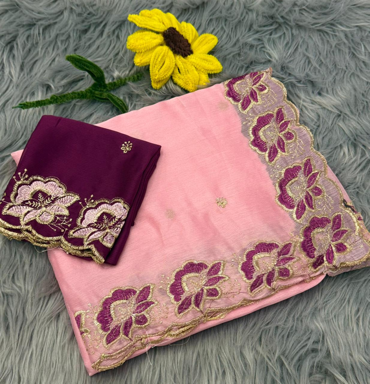 NN-2172 MOSS CHIFFON FABRIC SAREE WITH EMBROIDERY FLORAL DESIGN WITH CUTWORK WITH CONTRAST BLOUSE