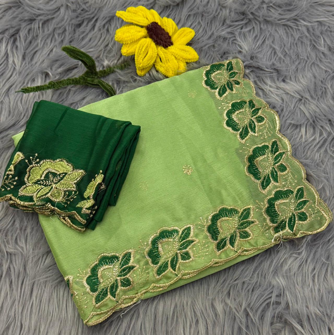 NN-2172 MOSS CHIFFON FABRIC SAREE WITH EMBROIDERY FLORAL DESIGN WITH CUTWORK WITH CONTRAST BLOUSE
