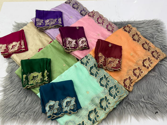 NN-2172 MOSS CHIFFON FABRIC SAREE WITH EMBROIDERY FLORAL DESIGN WITH CUTWORK WITH CONTRAST BLOUSE