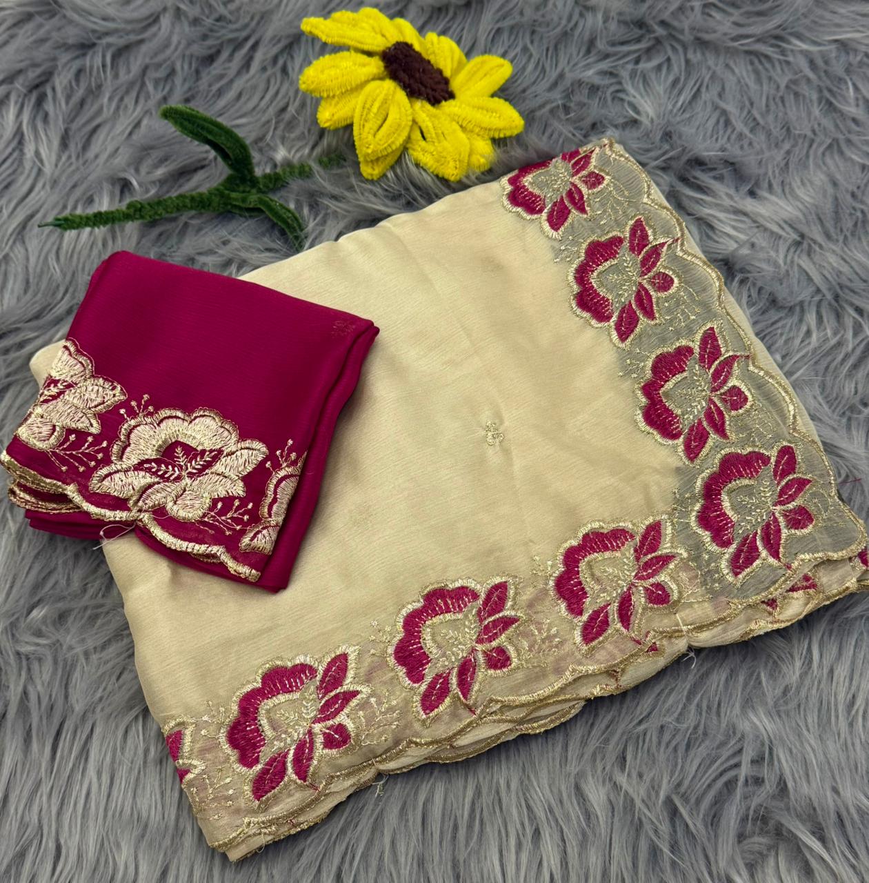 NN-2172 MOSS CHIFFON FABRIC SAREE WITH EMBROIDERY FLORAL DESIGN WITH CUTWORK WITH CONTRAST BLOUSE