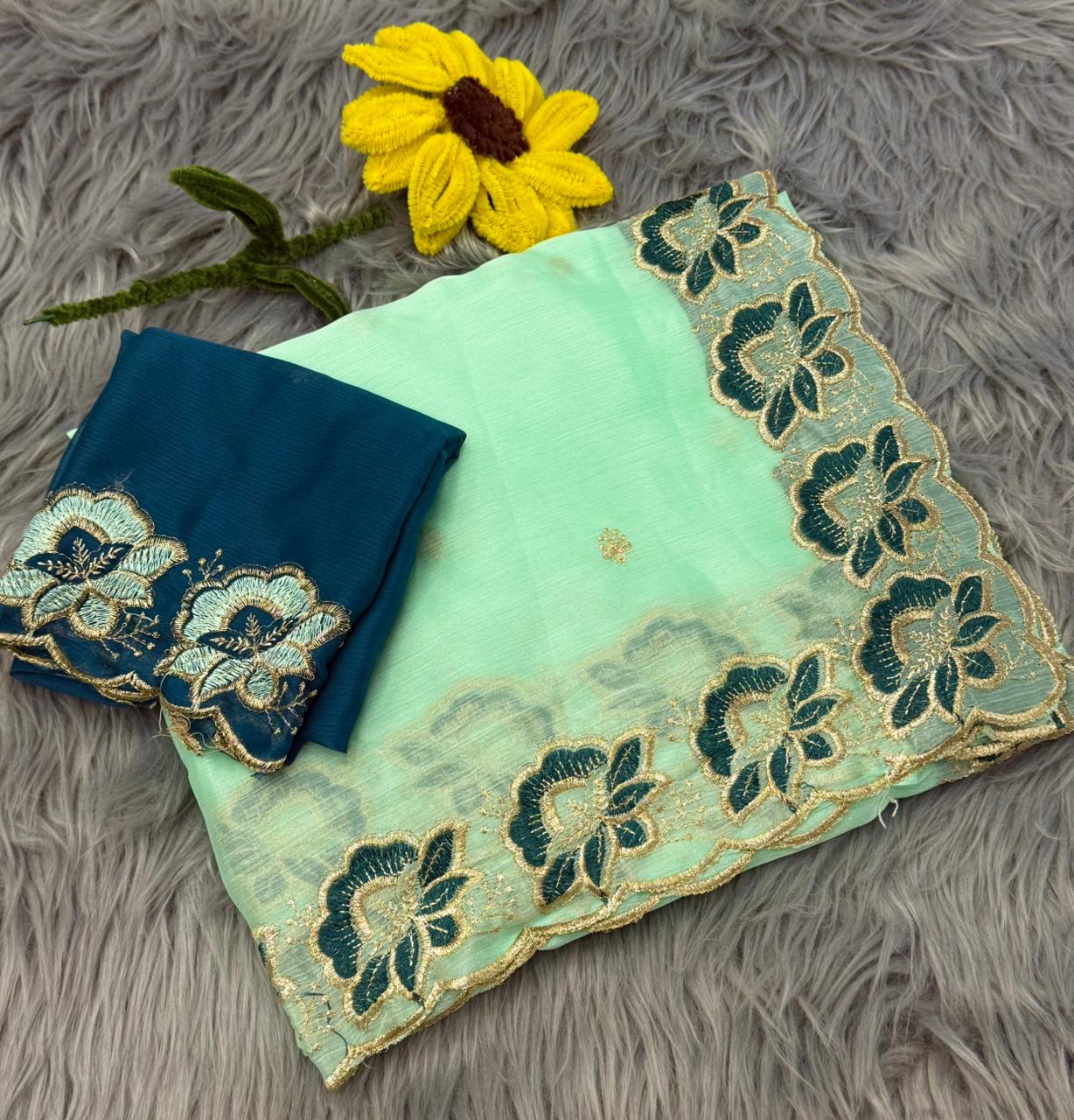 NN-2172 MOSS CHIFFON FABRIC SAREE WITH EMBROIDERY FLORAL DESIGN WITH CUTWORK WITH CONTRAST BLOUSE