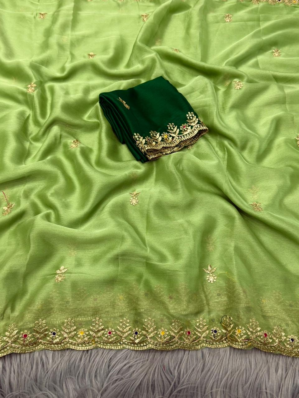 NN-2173 MOSS CHIFFON FABRIC SAREE WITH EMBROIDERY ON BORDER AND BUTTI ALL OVER THE SAREE WITH CONTRAST EMBROIDERY BLOUSE