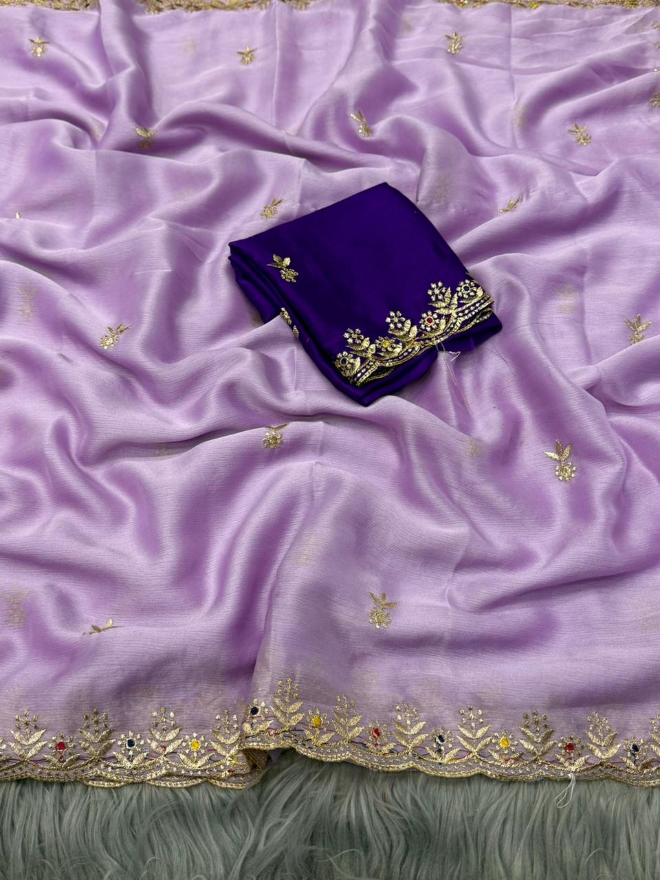 NN-2173 MOSS CHIFFON FABRIC SAREE WITH EMBROIDERY ON BORDER AND BUTTI ALL OVER THE SAREE WITH CONTRAST EMBROIDERY BLOUSE