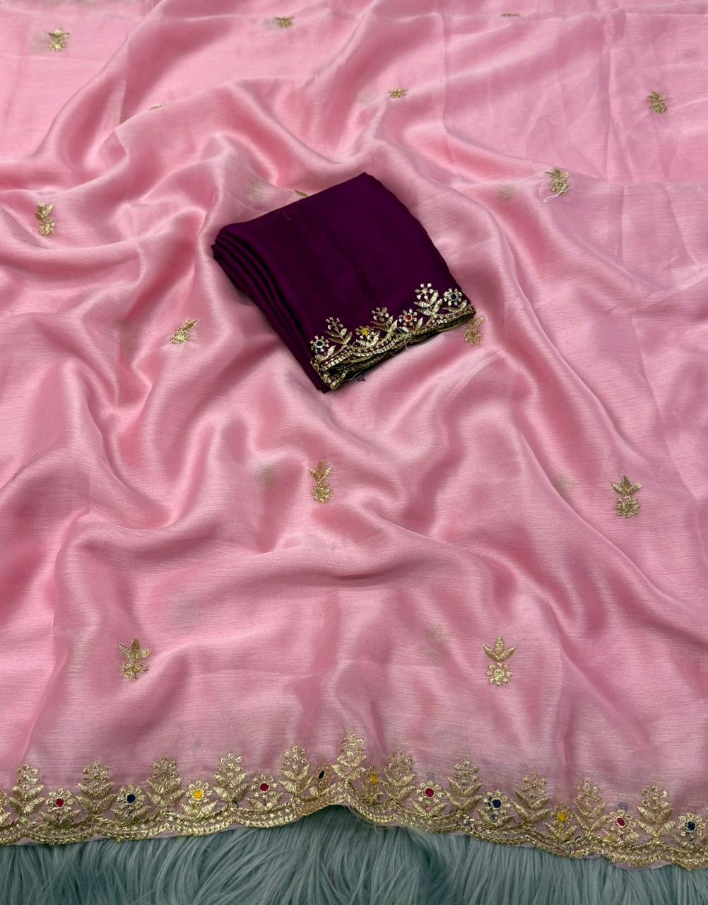 NN-2173 MOSS CHIFFON FABRIC SAREE WITH EMBROIDERY ON BORDER AND BUTTI ALL OVER THE SAREE WITH CONTRAST EMBROIDERY BLOUSE