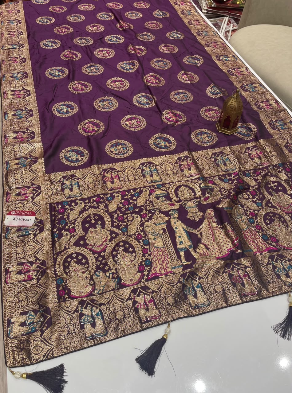 AJ-VIVAH SOFT SILK SAREE WITH BARAT PRINT WITH SIROSKE WORK AND GAJRAJ DESIGN ON BAHU AND BEAUTIFUL DAAMAN DESIGN