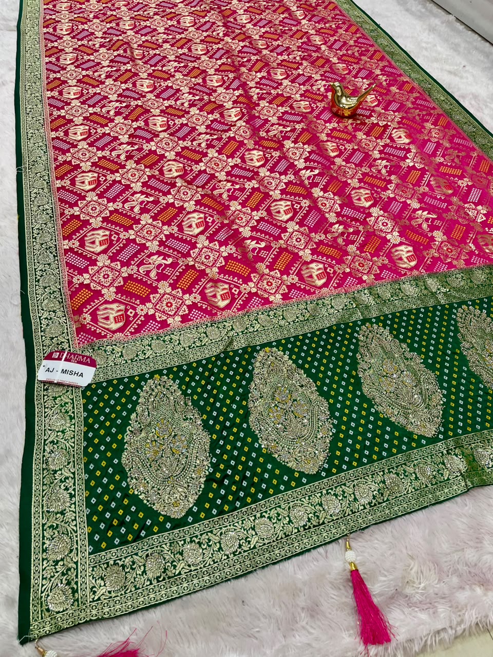 AJ-MISHA SATIN FABRIC SAREE WITH RICH PALLU DESIGN WITH HEAVY JARKAN WORK TIH BEAUTIFUL BANDHANI DESIGN ALL OVER SAREE WITH BLOUSE