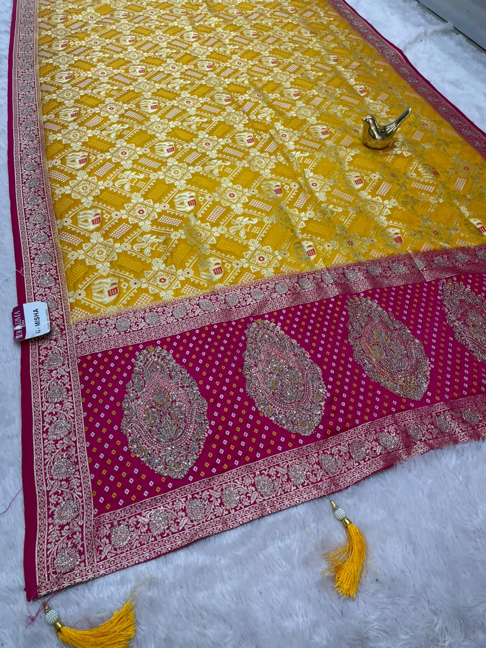 AJ-MISHA SATIN FABRIC SAREE WITH RICH PALLU DESIGN WITH HEAVY JARKAN WORK TIH BEAUTIFUL BANDHANI DESIGN ALL OVER SAREE WITH BLOUSE