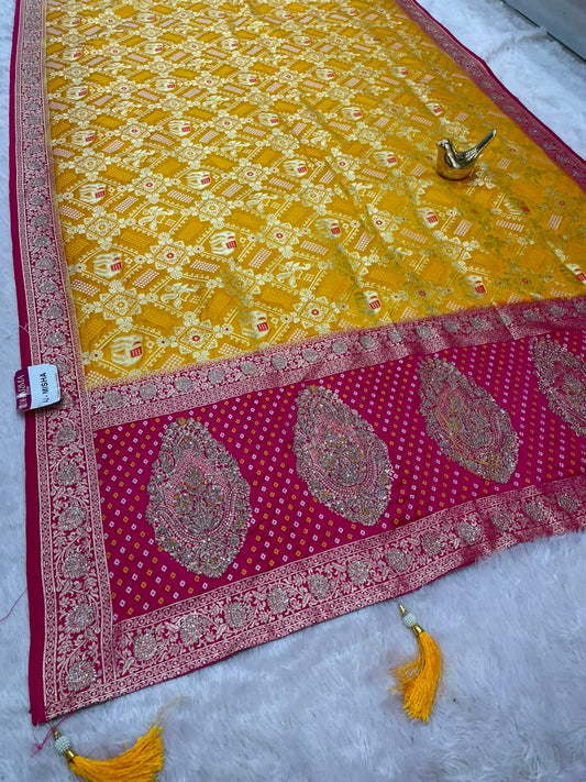 AJ-MISHA SATIN FABRIC SAREE WITH RICH PALLU DESIGN WITH HEAVY JARKAN WORK TIH BEAUTIFUL BANDHANI DESIGN ALL OVER SAREE WITH BLOUSE