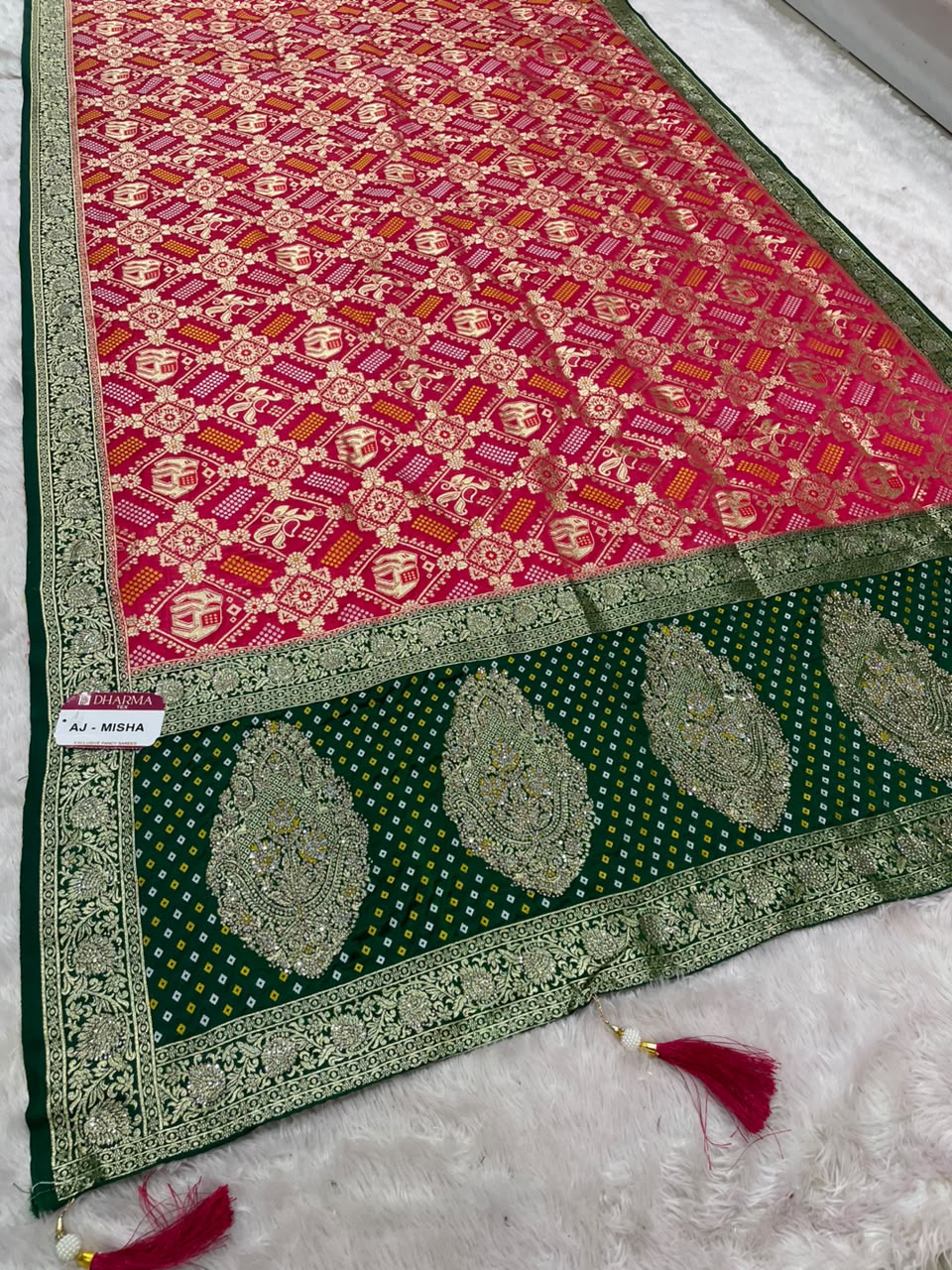 AJ-MISHA SATIN FABRIC SAREE WITH RICH PALLU DESIGN WITH HEAVY JARKAN WORK TIH BEAUTIFUL BANDHANI DESIGN ALL OVER SAREE WITH BLOUSE