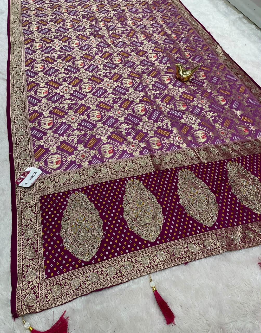 AJ-MISHA SATIN FABRIC SAREE WITH RICH PALLU DESIGN WITH HEAVY JARKAN WORK TIH BEAUTIFUL BANDHANI DESIGN ALL OVER SAREE WITH BLOUSE