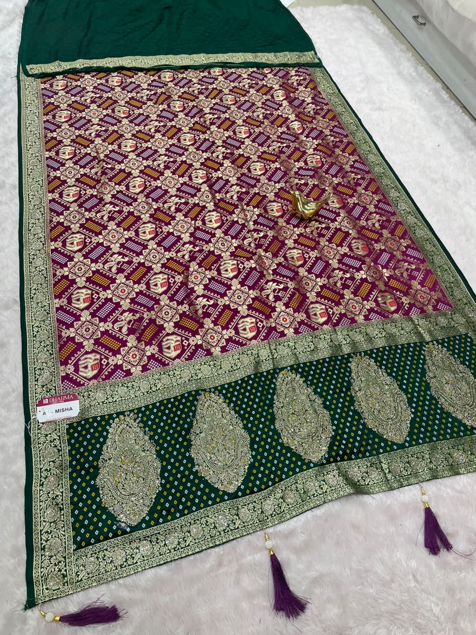 AJ-MISHA SATIN FABRIC SAREE WITH RICH PALLU DESIGN WITH HEAVY JARKAN WORK TIH BEAUTIFUL BANDHANI DESIGN ALL OVER SAREE WITH BLOUSE