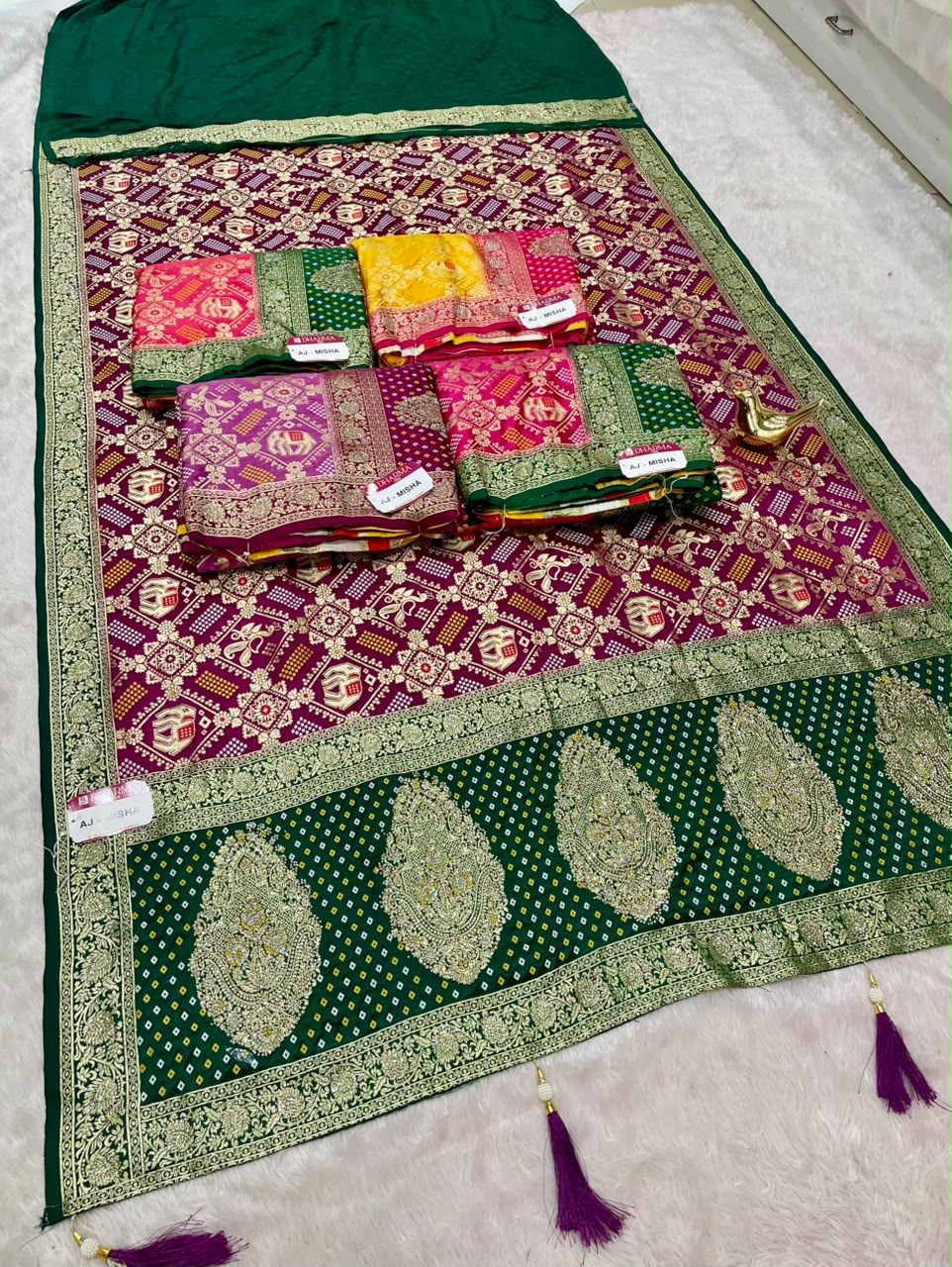 AJ-MISHA SATIN FABRIC SAREE WITH RICH PALLU DESIGN WITH HEAVY JARKAN WORK TIH BEAUTIFUL BANDHANI DESIGN ALL OVER SAREE WITH BLOUSE