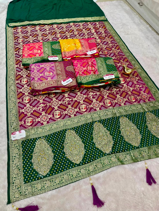 AJ-MISHA SATIN FABRIC SAREE WITH RICH PALLU DESIGN WITH HEAVY JARKAN WORK TIH BEAUTIFUL BANDHANI DESIGN ALL OVER SAREE WITH BLOUSE