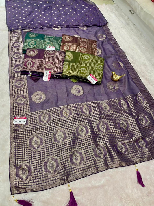 AJ-KAYAN FANCY FABRIC SAREE WITH BEAUTIFUL RICH PALLU DESIGN WITH SIROSKI WORK WITH PIPING AND LATKAN WITH BLOUSE