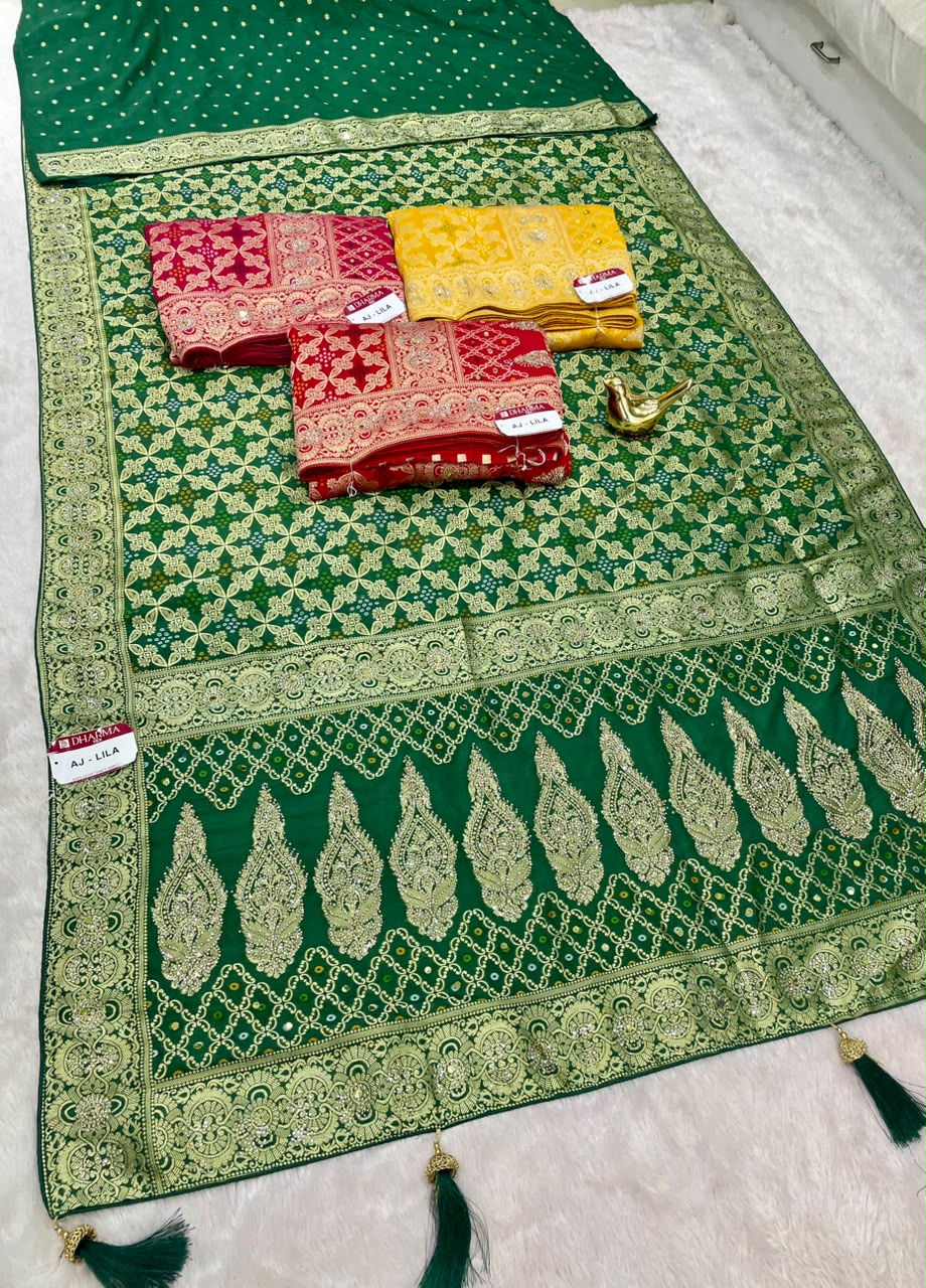 AJ-LILA GEORGETTE FABRIC SAREE WITH RICH PALLU DESIGN WITH EMBROIDERY WORK WITH BEAUTIFUL BANDHANI DESIGN ALL OVER ON SAREE WITH HEAVY SIROSKI WORK ON SAREE WITH TASSELS