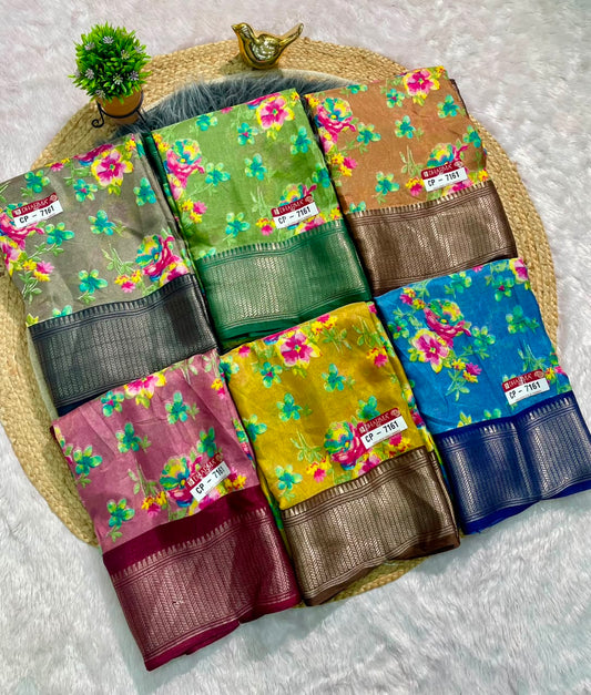 CP-7161 DOLA FABRIC SAREE BEAUTIFUL FLORAL PRINT WITH JACUARD BORDER WITH BLOUSE