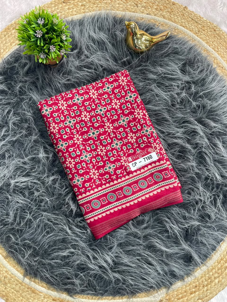 CP-7160 MAL COTTON FABRIC SAREE WITH BEAUTIFUL AJRAKH PRINT WITH BEAUTIFUL RICH PALLU DESIGN WITH BLOUSE