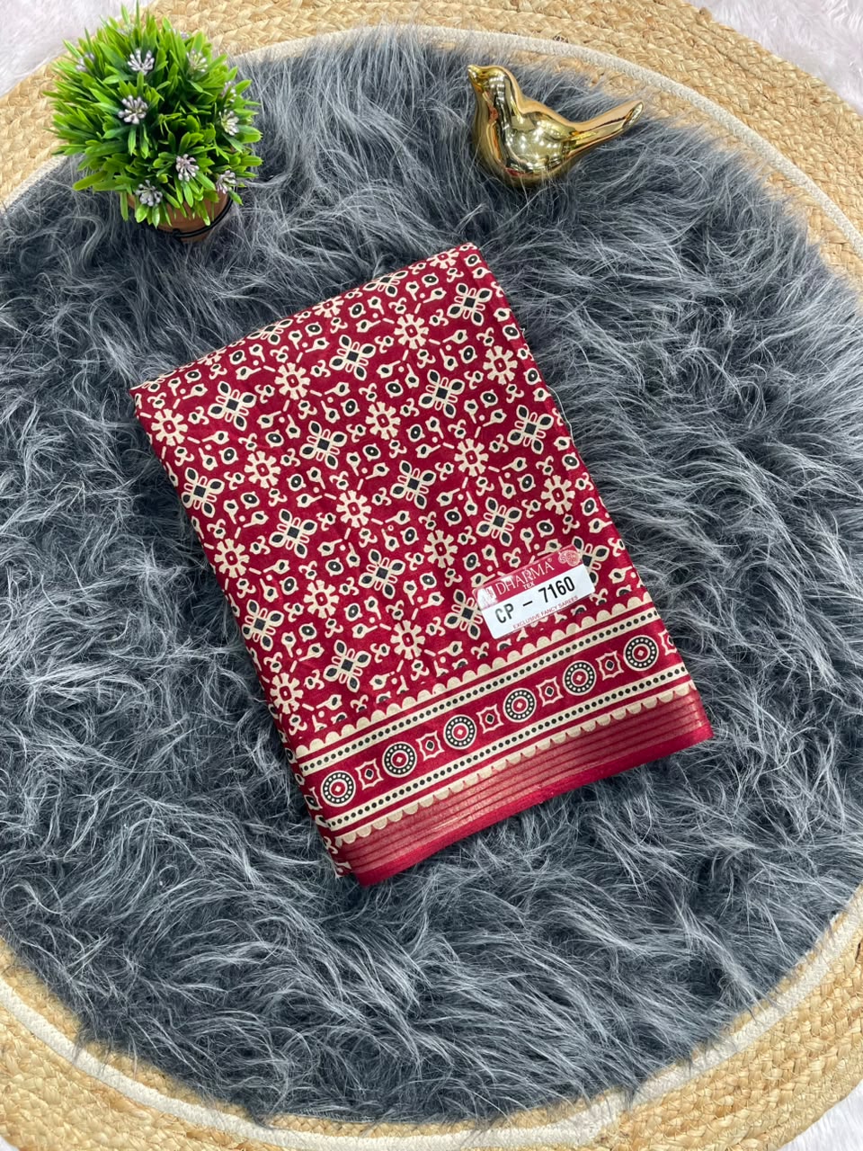 CP-7160 MAL COTTON FABRIC SAREE WITH BEAUTIFUL AJRAKH PRINT WITH BEAUTIFUL RICH PALLU DESIGN WITH BLOUSE