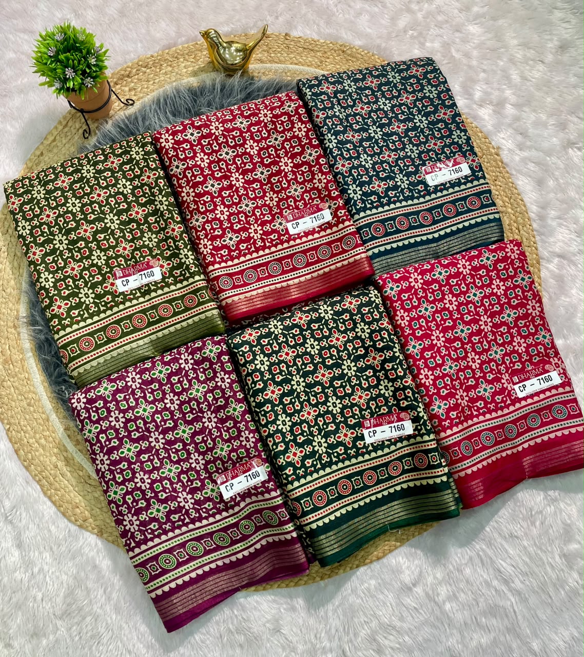 CP-7160 MAL COTTON FABRIC SAREE WITH BEAUTIFUL AJRAKH PRINT WITH BEAUTIFUL RICH PALLU DESIGN WITH BLOUSE