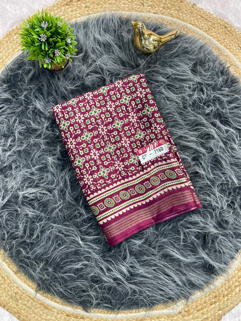 CP-7160 MAL COTTON FABRIC SAREE WITH BEAUTIFUL AJRAKH PRINT WITH BEAUTIFUL RICH PALLU DESIGN WITH BLOUSE