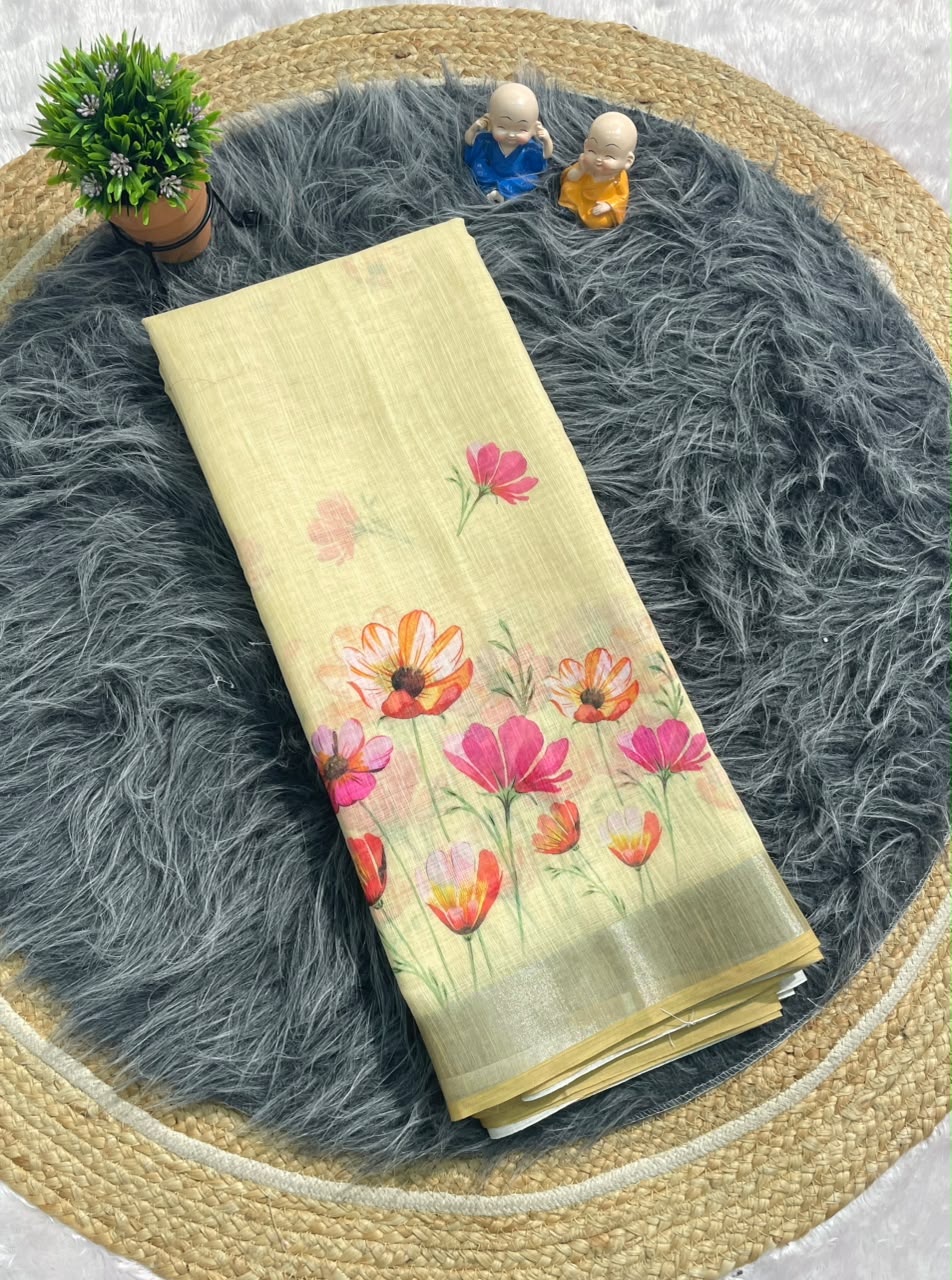 DP-4063 LINEN FABRIC SAREE WITH DIGITAL PRINT WITH BEUATIFUL DESIGN WITH BLOUSE