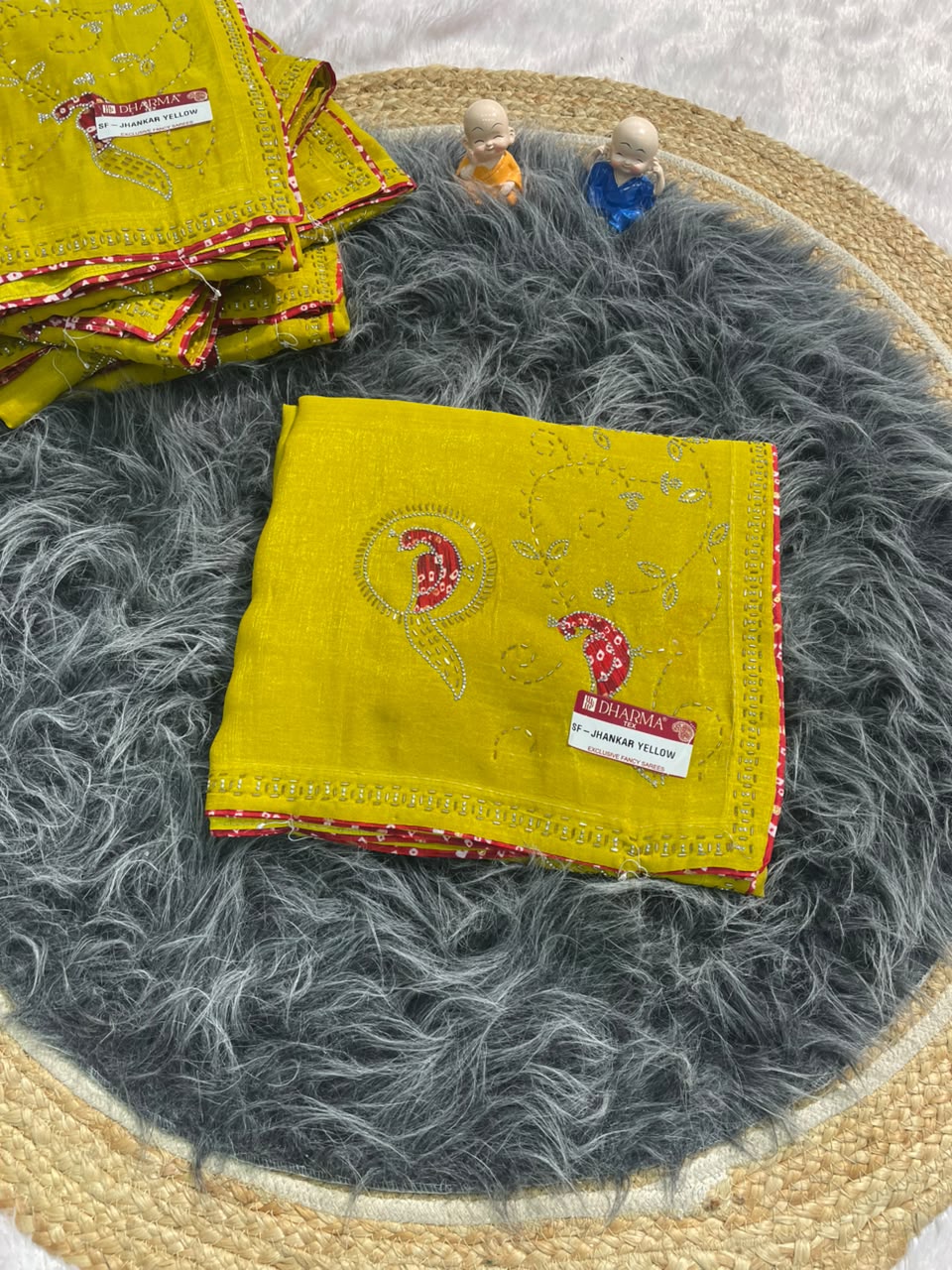 SF-JHANKAR YELLOW  STAR GEORGETTE SAREE WITH BEAUTIFUL DESIGN WITH HANWORK WITH JARKAN WORK AND BEAUTIFUL BANDHANI BLOUSE