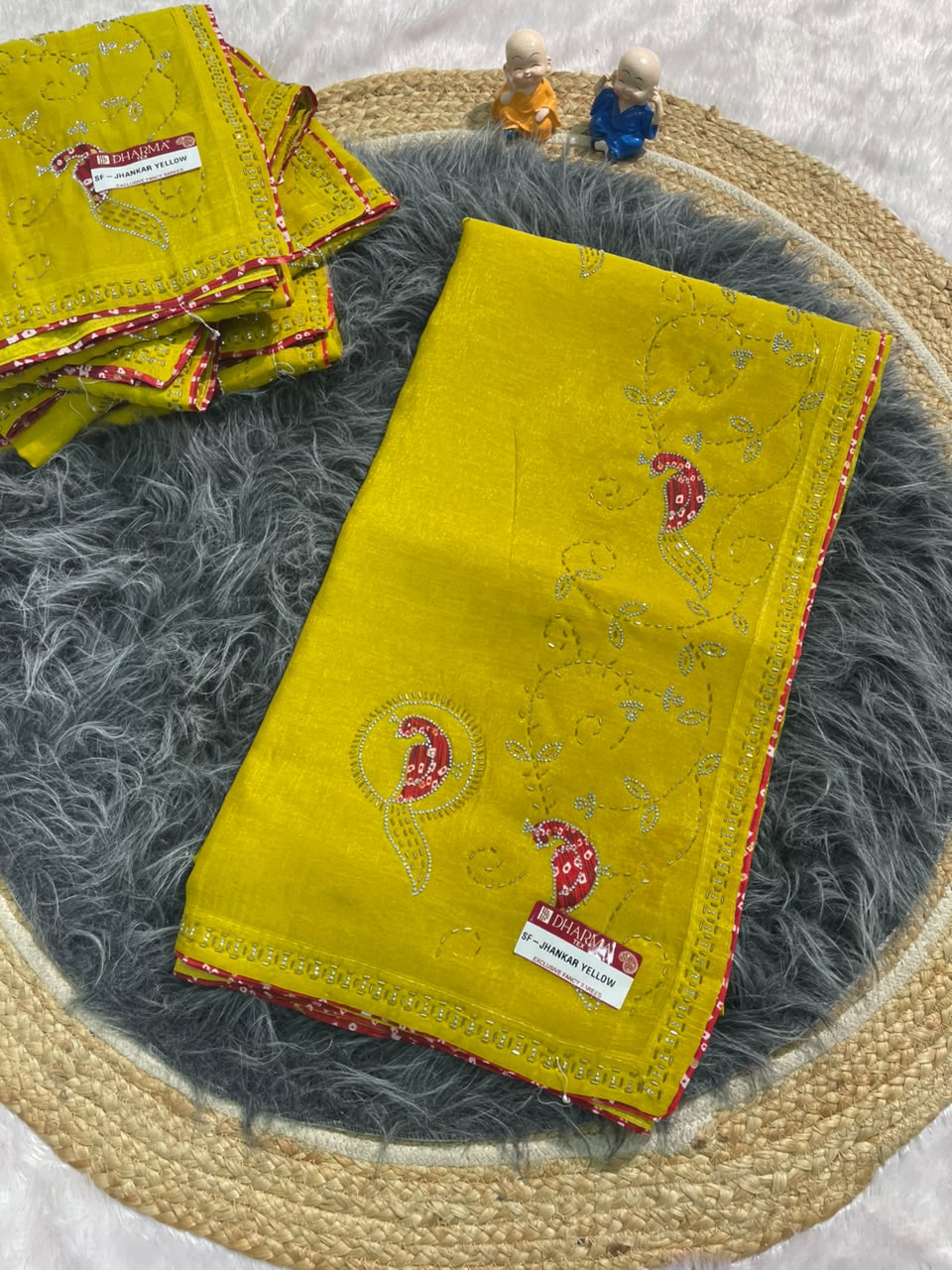 SF-JHANKAR YELLOW  STAR GEORGETTE SAREE WITH BEAUTIFUL DESIGN WITH HANWORK WITH JARKAN WORK AND BEAUTIFUL BANDHANI BLOUSE