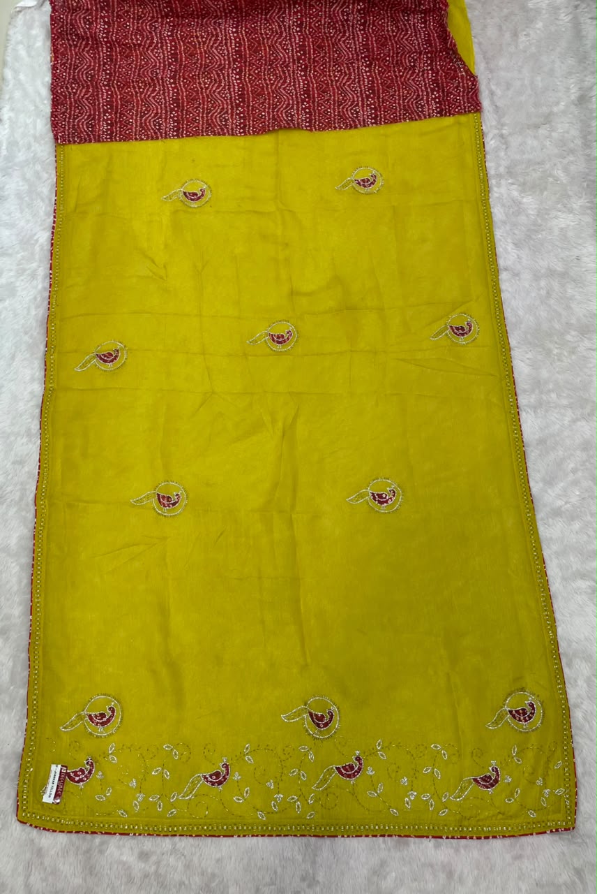 SF-JHANKAR YELLOW  STAR GEORGETTE SAREE WITH BEAUTIFUL DESIGN WITH HANWORK WITH JARKAN WORK AND BEAUTIFUL BANDHANI BLOUSE