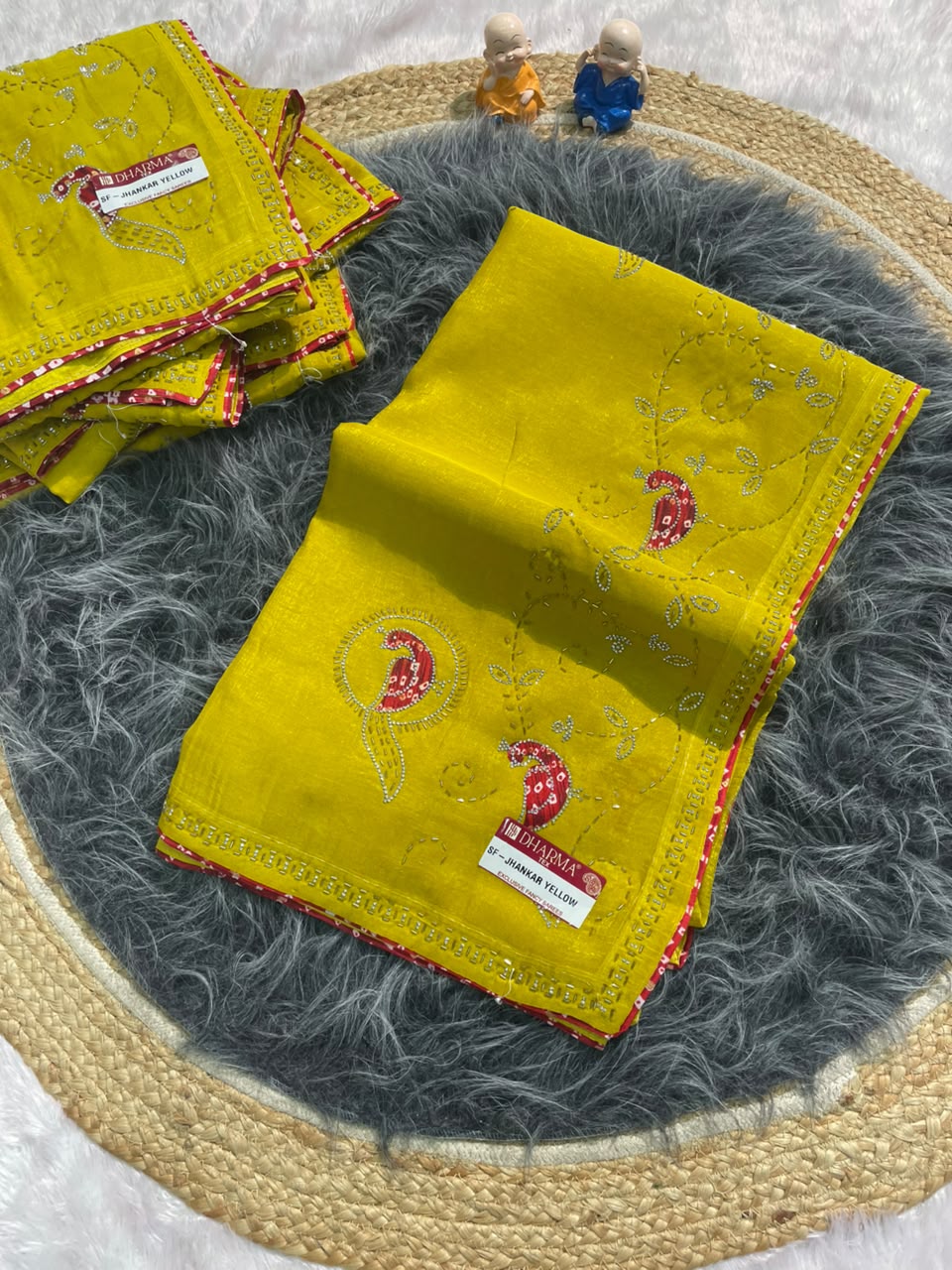 SF-JHANKAR YELLOW  STAR GEORGETTE SAREE WITH BEAUTIFUL DESIGN WITH HANWORK WITH JARKAN WORK AND BEAUTIFUL BANDHANI BLOUSE