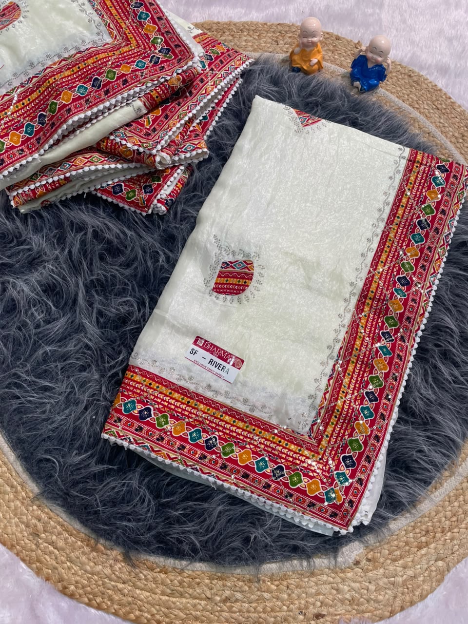 SF-RIVERA CHINON FABRIC SAREE WITH BEAUTIFUL BANDHANI DESIGN WITH HANDWORK AND BANDHANI BORDER WITH JARKAN WITH SEQUENCE WORK WITH BANDHANI BLOUSE