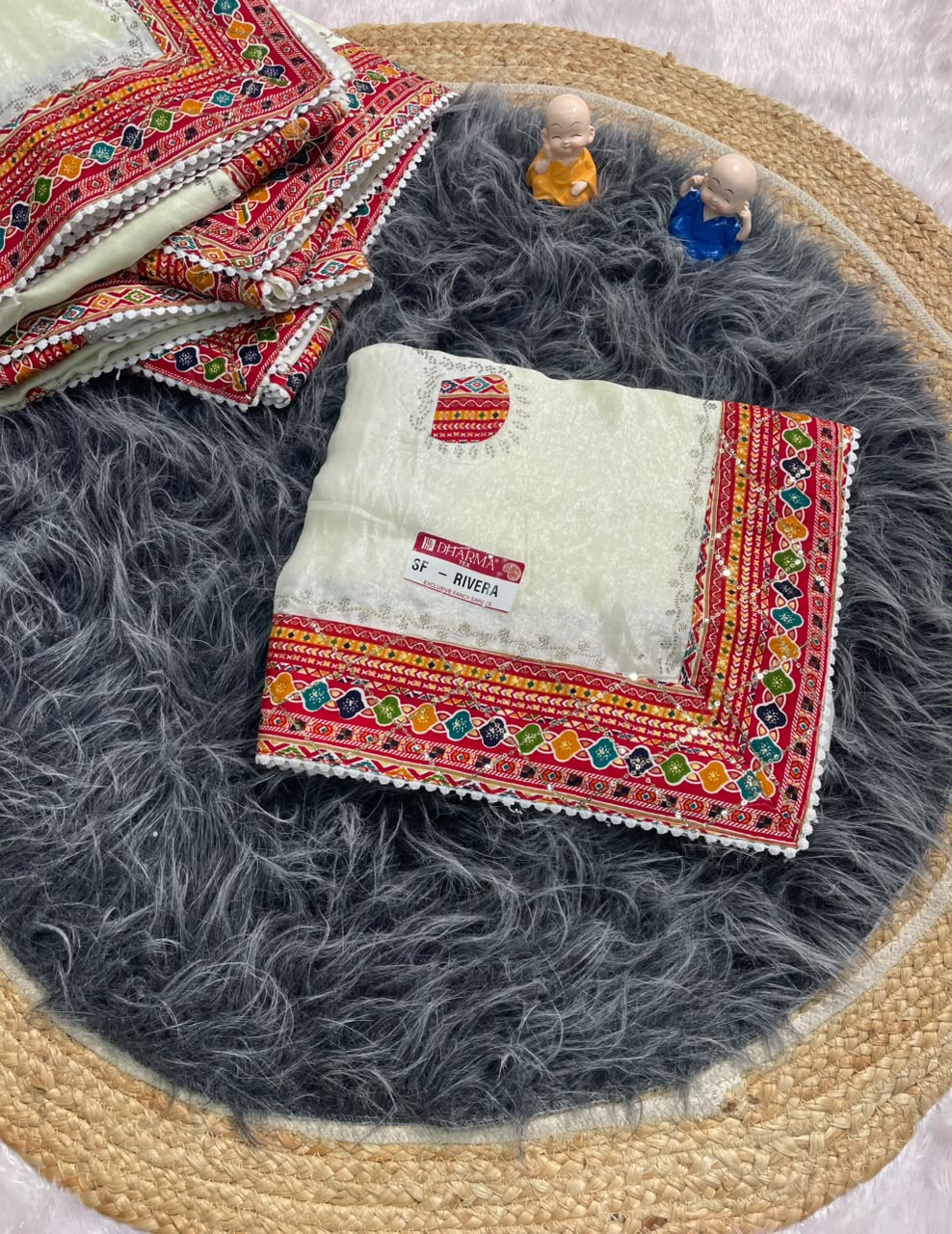 SF-RIVERA CHINON FABRIC SAREE WITH BEAUTIFUL BANDHANI DESIGN WITH HANDWORK AND BANDHANI BORDER WITH JARKAN WITH SEQUENCE WORK WITH BANDHANI BLOUSE