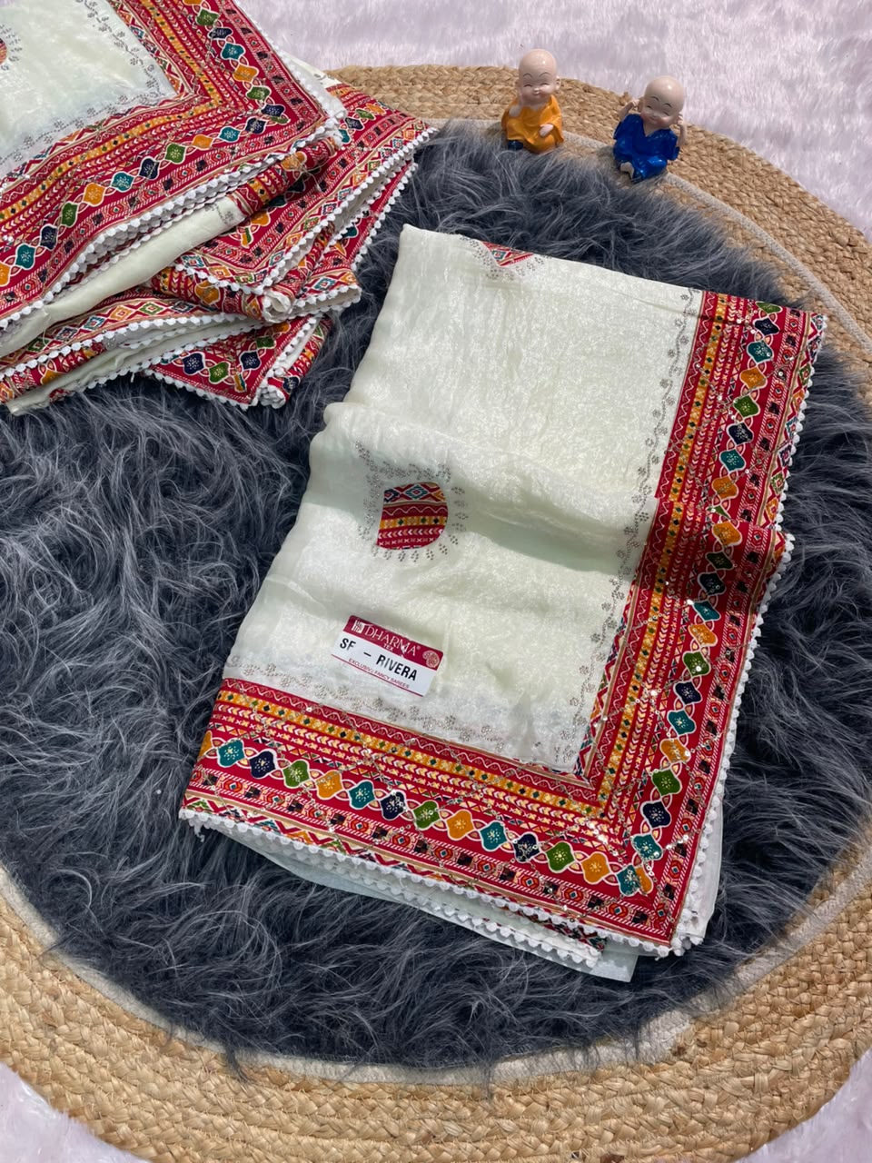 SF-RIVERA CHINON FABRIC SAREE WITH BEAUTIFUL BANDHANI DESIGN WITH HANDWORK AND BANDHANI BORDER WITH JARKAN WITH SEQUENCE WORK WITH BANDHANI BLOUSE