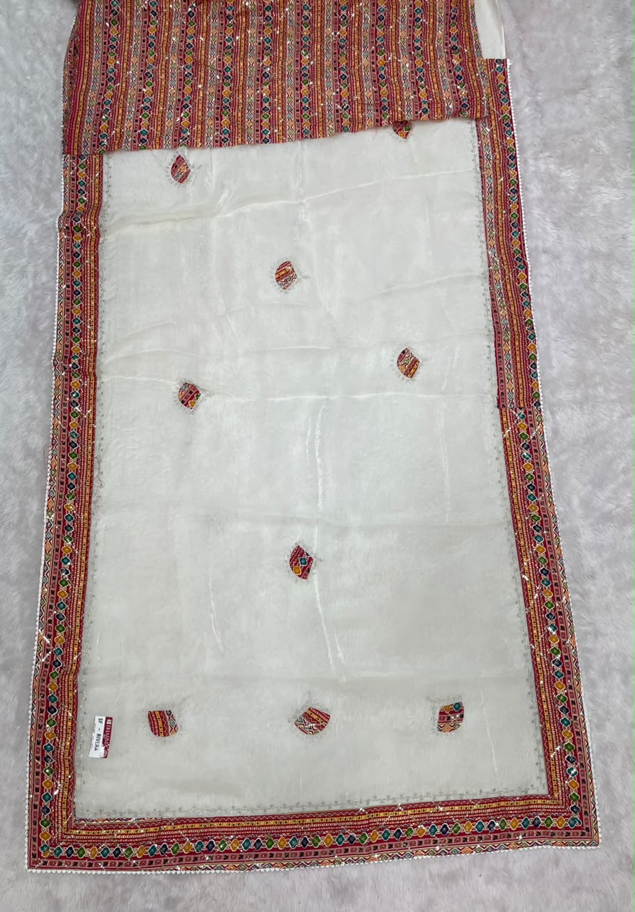 SF-RIVERA CHINON FABRIC SAREE WITH BEAUTIFUL BANDHANI DESIGN WITH HANDWORK AND BANDHANI BORDER WITH JARKAN WITH SEQUENCE WORK WITH BANDHANI BLOUSE
