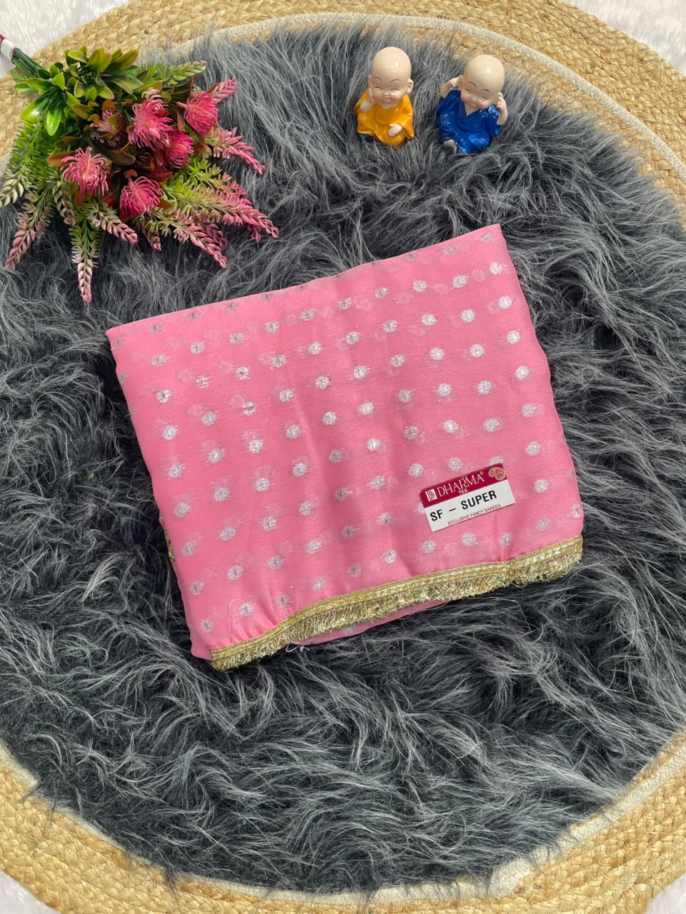 SF-SUPER NC MOSS FABRIC SAREE WITH VIRAL BUTTI DESIGN WITH ALLOVER ON SAREE WITH GOLDEN LACE BORDER WITH CONTRAST BLOUSE