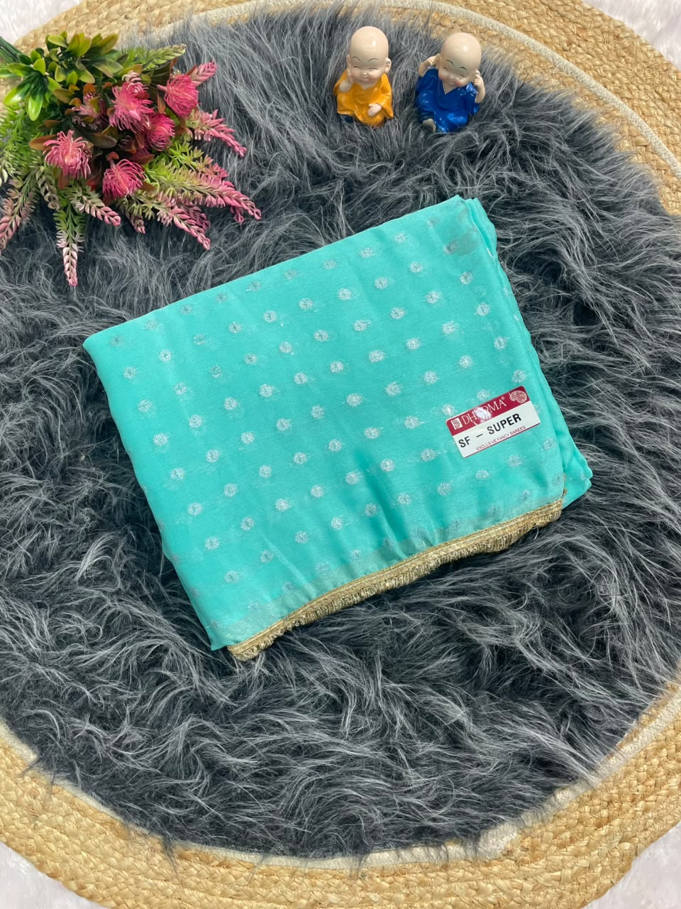 SF-SUPER NC MOSS FABRIC SAREE WITH VIRAL BUTTI DESIGN WITH ALLOVER ON SAREE WITH GOLDEN LACE BORDER WITH CONTRAST BLOUSE