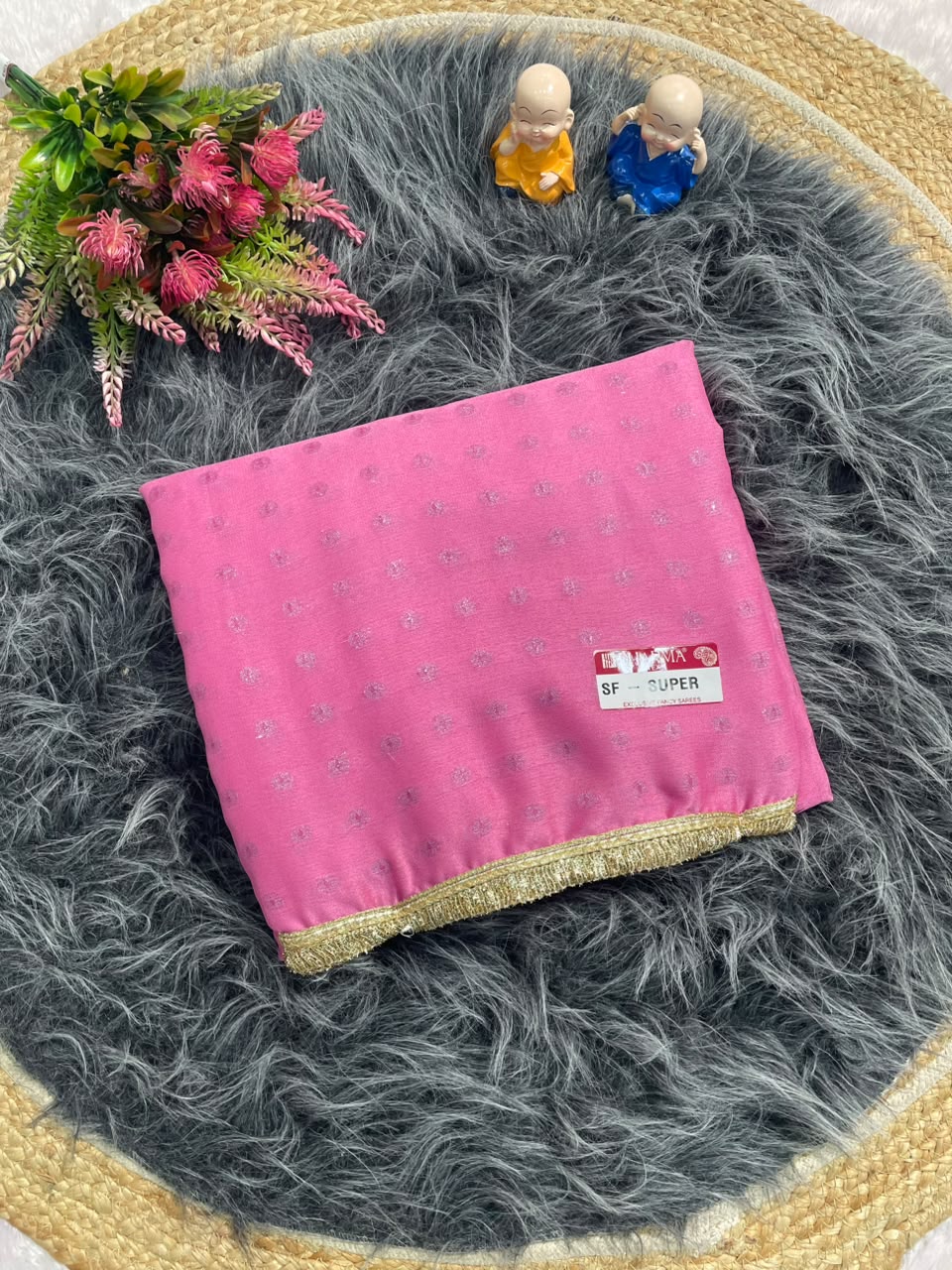 SF-SUPER NC MOSS FABRIC SAREE WITH VIRAL BUTTI DESIGN WITH ALLOVER ON SAREE WITH GOLDEN LACE BORDER WITH CONTRAST BLOUSE