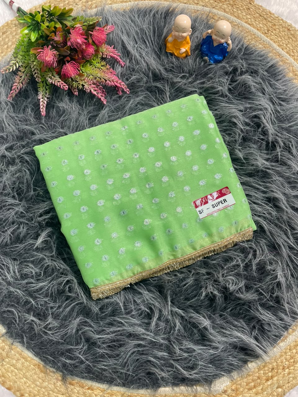 SF-SUPER NC MOSS FABRIC SAREE WITH VIRAL BUTTI DESIGN WITH ALLOVER ON SAREE WITH GOLDEN LACE BORDER WITH CONTRAST BLOUSE