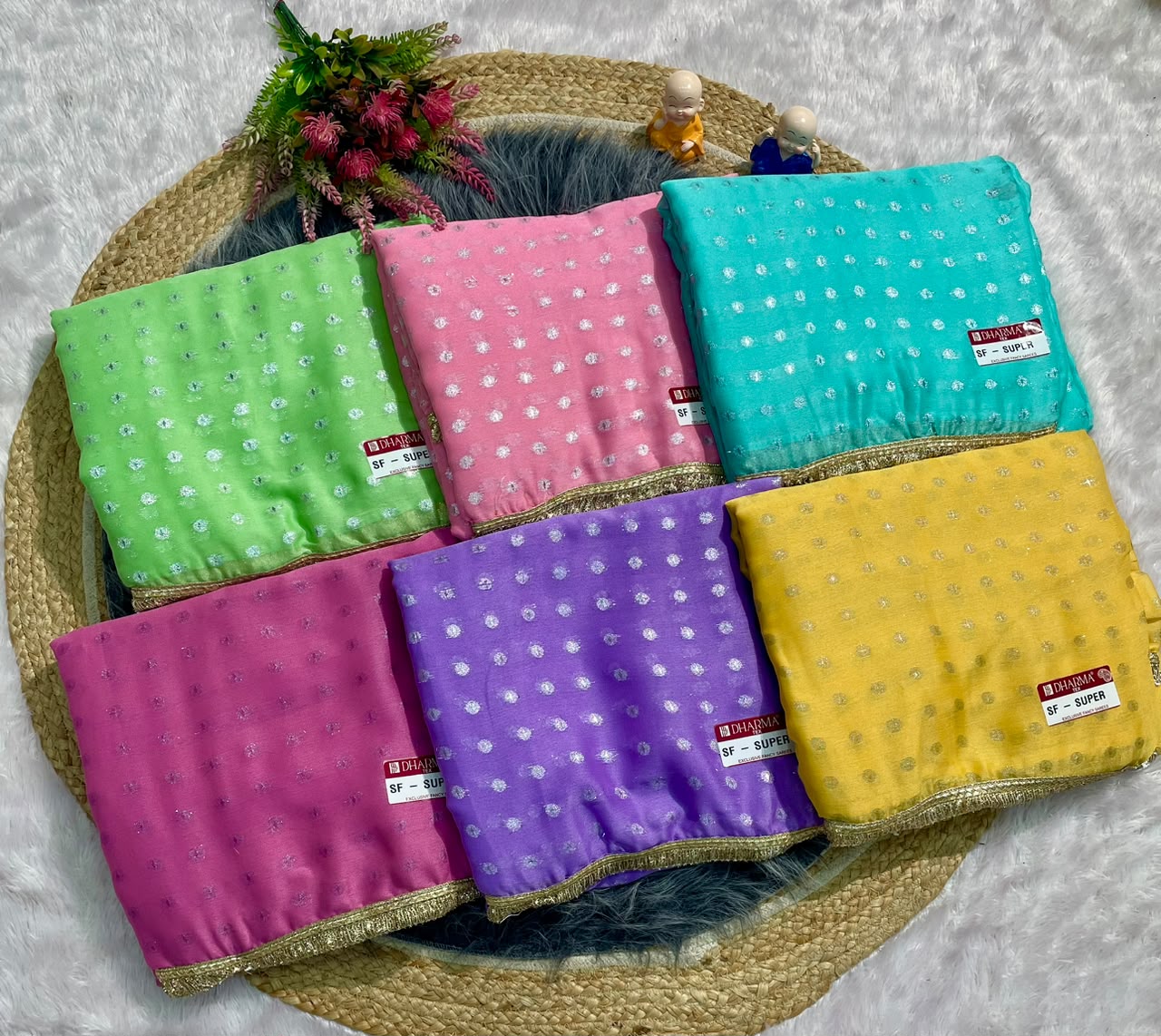 SF-SUPER NC MOSS FABRIC SAREE WITH VIRAL BUTTI DESIGN WITH ALLOVER ON SAREE WITH GOLDEN LACE BORDER WITH CONTRAST BLOUSE