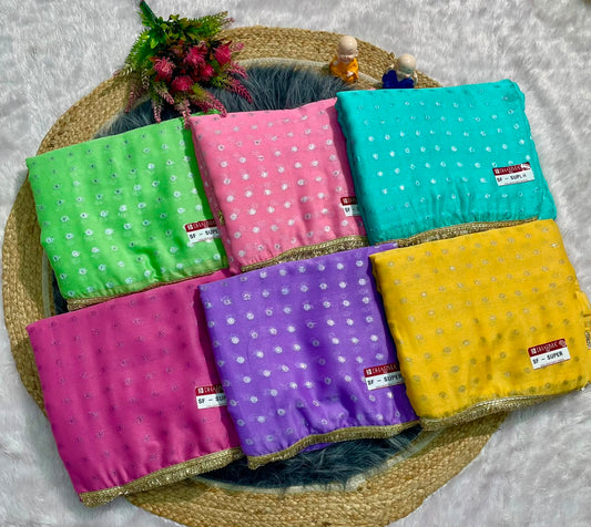 SF-SUPER NC MOSS FABRIC SAREE WITH VIRAL BUTTI DESIGN WITH ALLOVER ON SAREE WITH GOLDEN LACE BORDER WITH CONTRAST BLOUSE