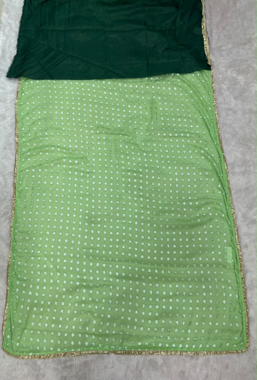 SF-SUPER NC MOSS FABRIC SAREE WITH VIRAL BUTTI DESIGN WITH ALLOVER ON SAREE WITH GOLDEN LACE BORDER WITH CONTRAST BLOUSE