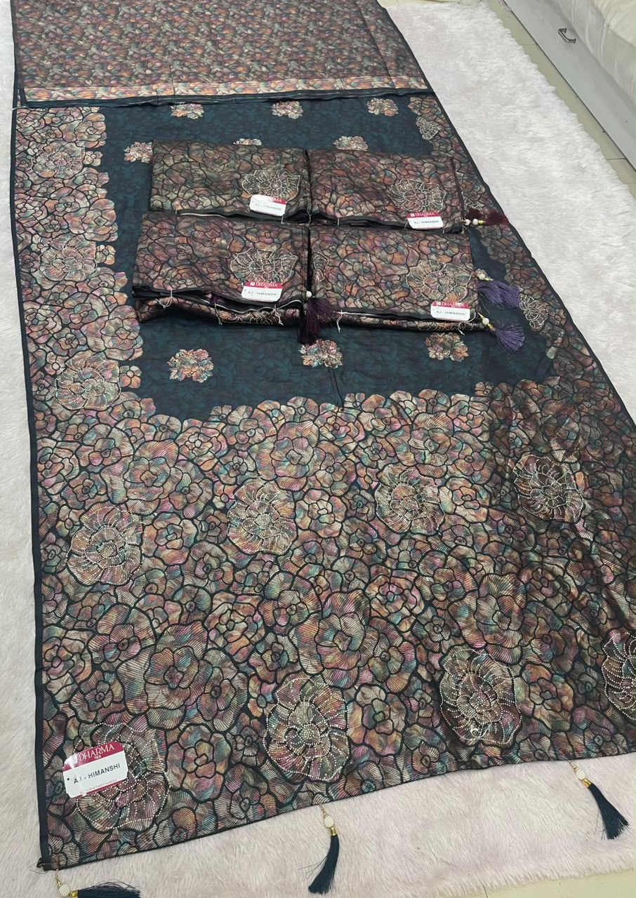 AJ-HIMANSHI SOFT SILK FABRIC SAREE WITH HEAVY RICH PALU DESIGN WITH BEAUTIFUL FLORAL PRINT ALL OVER ON SAREE WITH JARKAN WORK WITH TASSELS