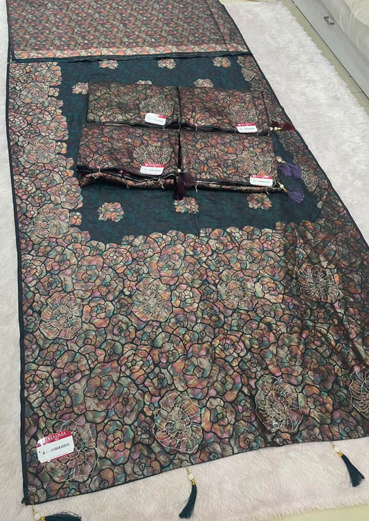 AJ-HIMANSHI SOFT SILK FABRIC SAREE WITH HEAVY RICH PALU DESIGN WITH BEAUTIFUL FLORAL PRINT ALL OVER ON SAREE WITH JARKAN WORK WITH TASSELS