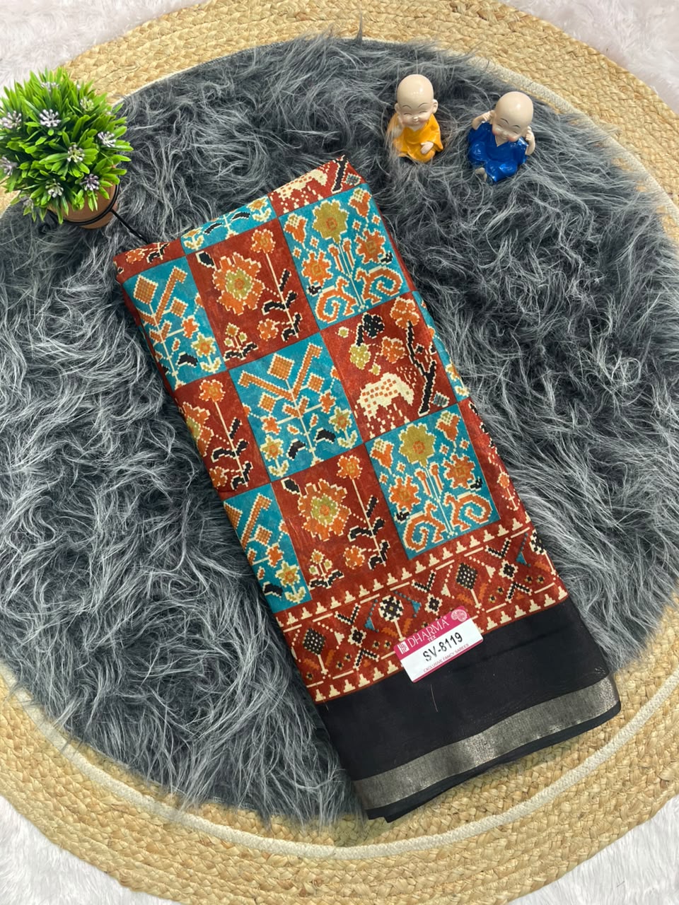 SV-8119 MAL COTTON FABRIC SAREE WITH BEAUTIFUL RICH PALLU DESIGN WITH BEAUTIFUL PRINT WITH ALL OVER ON SAREE WITH BLOUSE