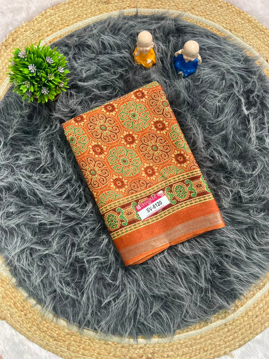 SV-8120 MAL COTTON FABRIC SAREE WITH RICH PALLU DESIGN WITH BEAUTIFUL FLORAL PRINT WITH BLOUSE