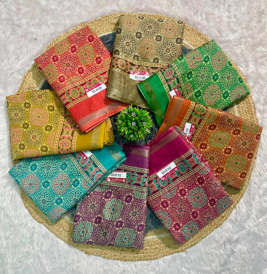 SV-8120 MAL COTTON FABRIC SAREE WITH RICH PALLU DESIGN WITH BEAUTIFUL FLORAL PRINT WITH BLOUSE