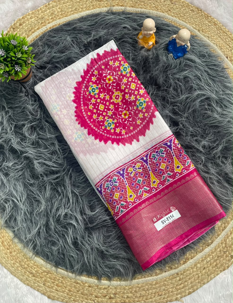 SV-8114 DOLA RIKO FABRIC SAREE WITH  VIRAL BANDHANI DESIGN ON INTERNET WITH WHITE COMMON WITH 6.30 MTR CUT WITH BUTTI BLOUSE