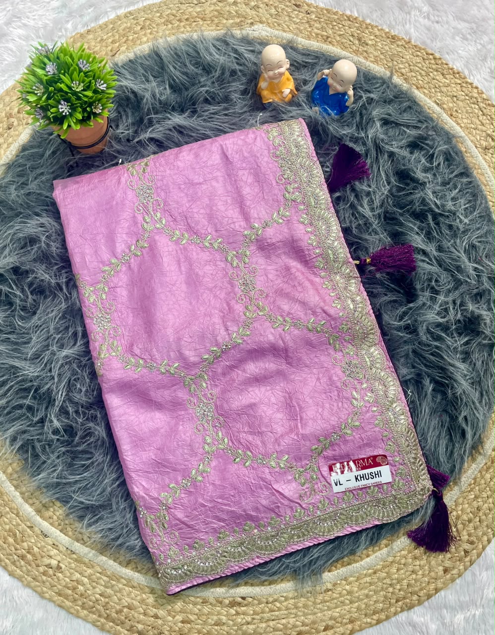 VL-KHUSHI CREP FABRIC SAREE WITH EMBROIDERY WORK WITH THREAD WORK WITH LATKAN AND BLOUSE