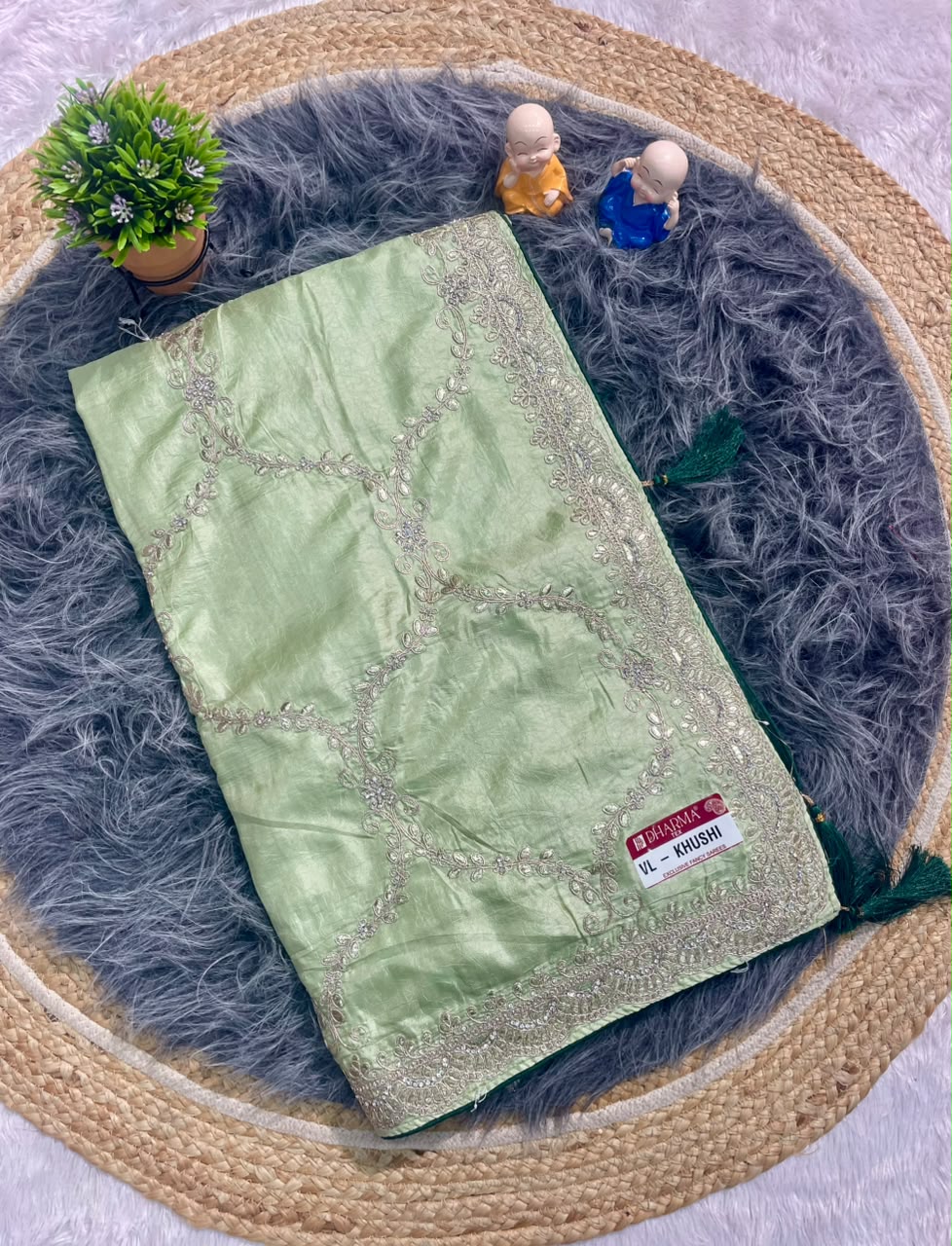VL-KHUSHI CREP FABRIC SAREE WITH EMBROIDERY WORK WITH THREAD WORK WITH LATKAN AND BLOUSE